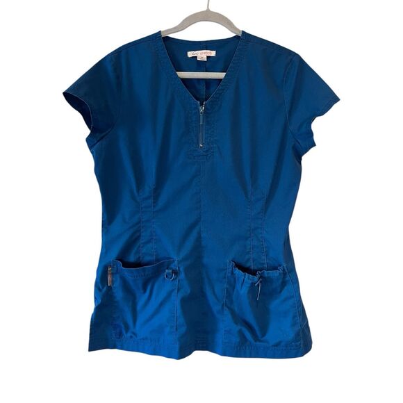 KOI Stretch Mackenzie Women's Medium  2-Pocket Aqua Zipper Scrub Top - Picture 1 of 3